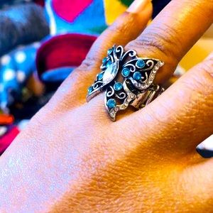 BLUE GEM SILVER BUTTERFLY STRETCHY RING